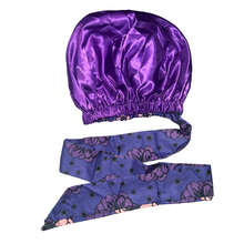 Load image into Gallery viewer, Ankara Satin Lined Bonnet with Long Ribbon:  Beredum (Purple)