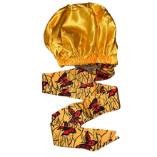 Load image into Gallery viewer, Ankara Satin Lined Bonnet with Long Ribbon: sika kɔkɔɔ (Gold)