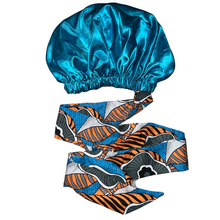 Load image into Gallery viewer, Ankara Satin Lined Bonnet with Long Ribbon: Bibire (Blue)