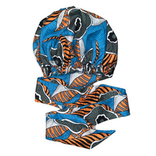Load image into Gallery viewer, Ankara Satin Lined Bonnet with Long Ribbon: Bibire (Blue)