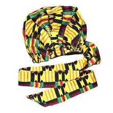 Load image into Gallery viewer, Ankara Satin Lined Bonnet with Long Ribbon: Tuntum (Black)