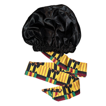 Load image into Gallery viewer, Ankara Satin Lined Bonnet with Long Ribbon: Tuntum (Black)
