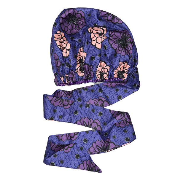 Ankara Satin Lined Bonnet with Long Ribbon:  Beredum (Purple)